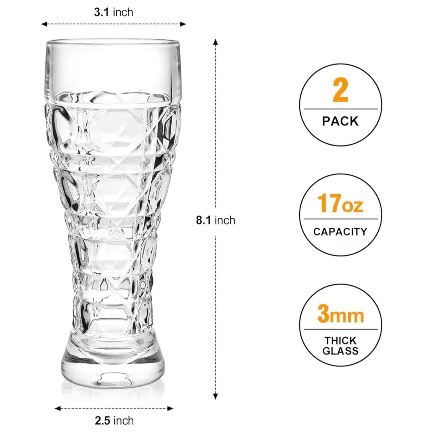 Pint Beer Glasses Set of 2 – 450ml Tall Clear Drinking Glasses and All Purposes