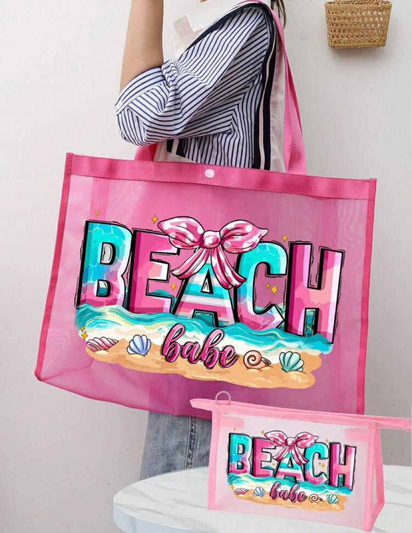 Mesh Beach Bag With "Salty Beach" Summer Print, Including Shopping Tote, Beach Bag, Hawaii Style Transparent Pouch,