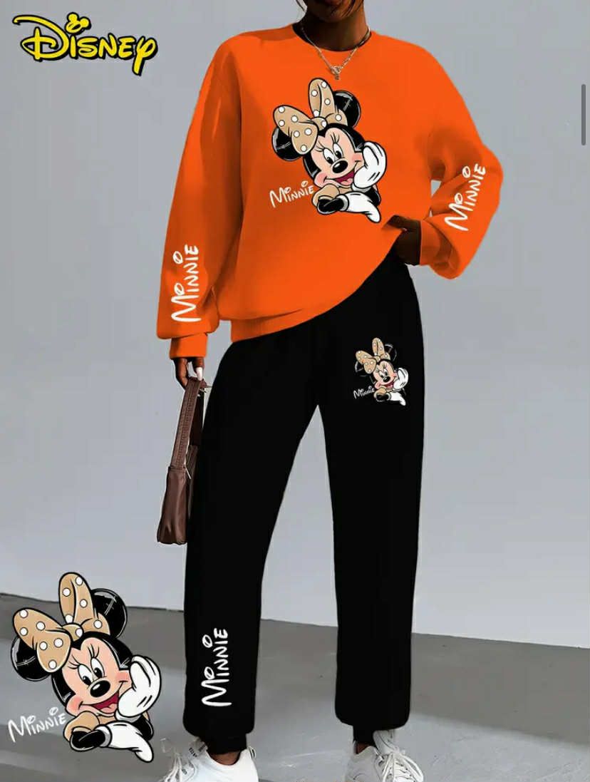 Disney Officially Licensed Minnie Polka Dot Bow Print | Women'S Two-Piece Set with Round Neck Hoodie and Black Pants