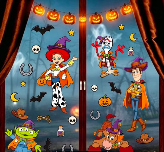 2 Sheets/Set, -Woody, Jessie Western Country Halloween-Themed Glass Stickers, Three-Eyed Alien, Heart Horse And Other