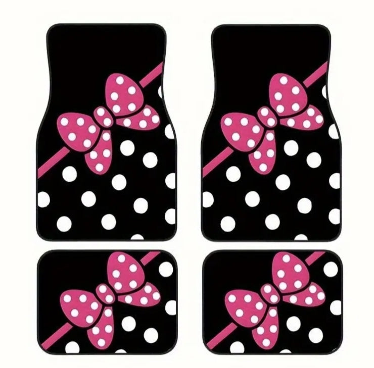 Set of 4 Pink Bow Polka Dot Car Floor Mats, Designed to Fit Most Vehicles Including Cars, Trucks, And Suvs.