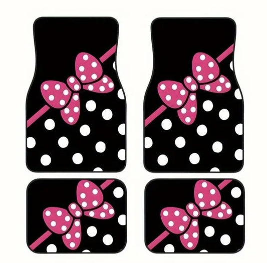 Set of 4 Pink Bow Polka Dot Car Floor Mats, Designed to Fit Most Vehicles Including Cars, Trucks, And Suvs.
