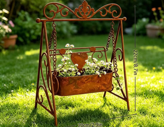 Vintage Wrought Iron Rusty Swing Chair Planter, Hanging Style for Patio, Balcony, Garden, and Courtyard, Vintage Craftsmanship with a Handcrafted Feel Gardening