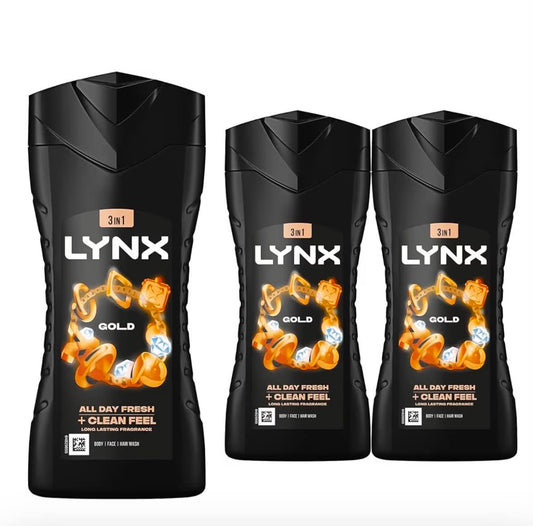 Lynx Gold Oud Wood & Vanilla Shower Gel for Men 225ml Pack of 3 Dual Action Body Wash with Plant Based Moisturisers 12H Fresh Fragrance Lynx Shower Gel Multipack Daily Shower Gel