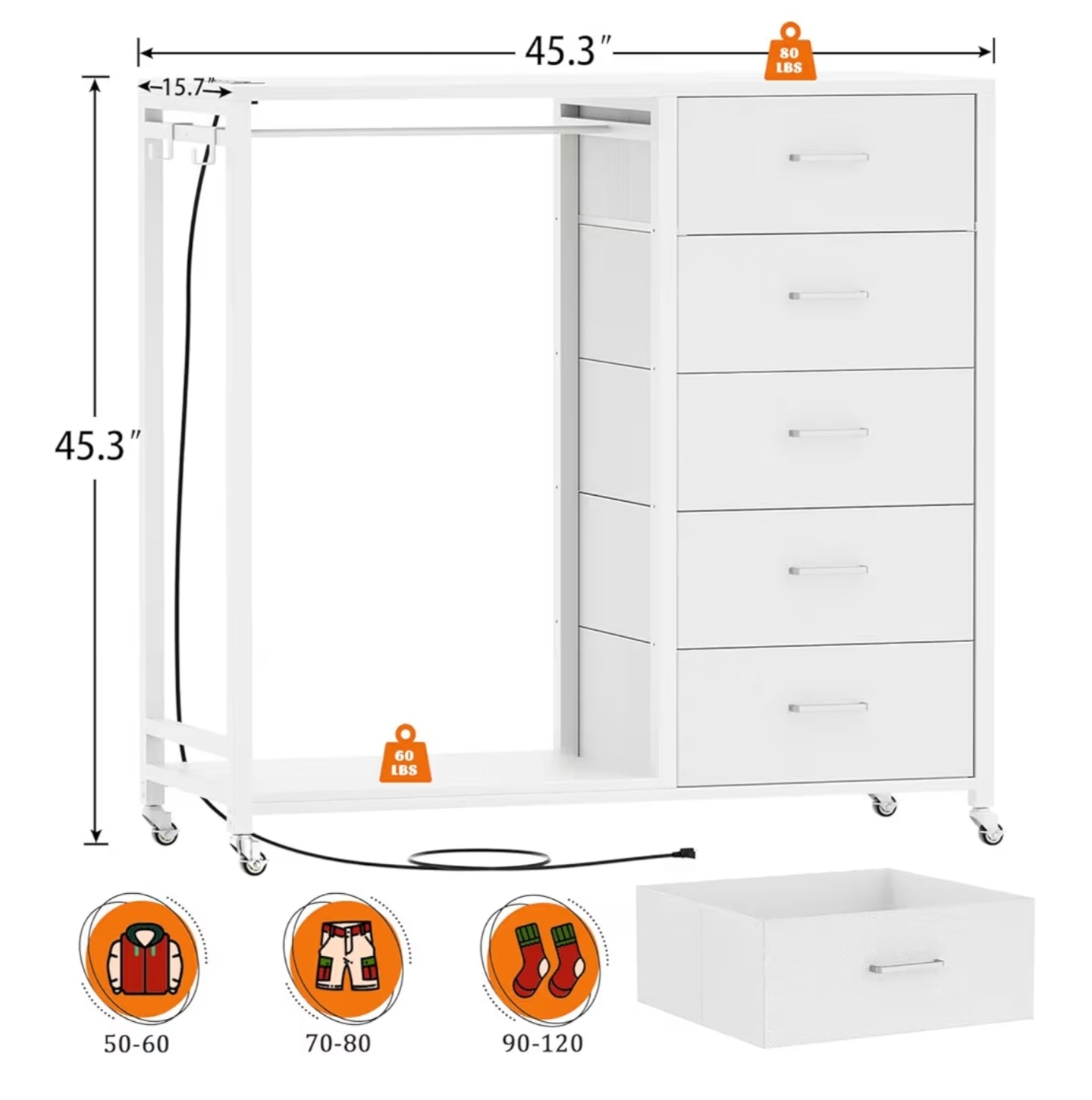 2 in 1 Chest of Drawers, Dresser for Bedroom,5 Fabric Drawers Dresser with LED Lights & Charging Station,Open Wardrobe with Clothes Rack,
