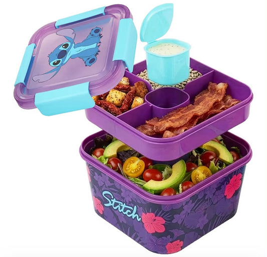 Disney Stitch Salad Bento Box, 2L Leak proof Lunch Box with Compartments Topping Tray & Dressing Pot, On the Go Salad Bowl, BPA-Free Meal Prep Food Storage Container with Lid (Multi Stitch)