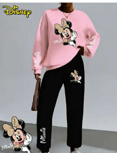 Disney Officially Licensed Minnie Polka Dot Bow Print | Women'S Two-Piece Set with Round Neck Hoodie and Black Pants