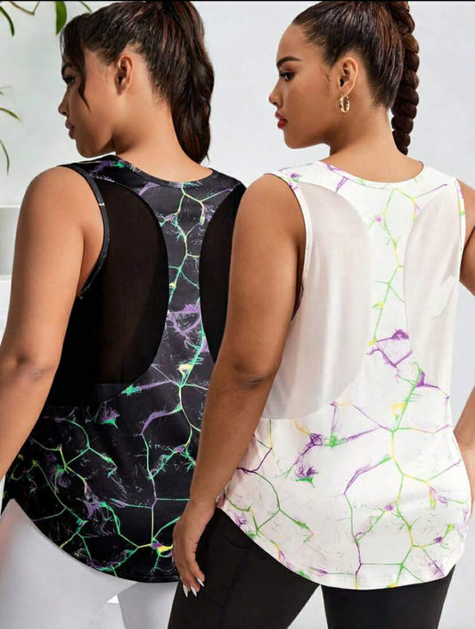 2pcs/Set Graphic Print Round Neck Asymmetric Hem Sports Tank Top