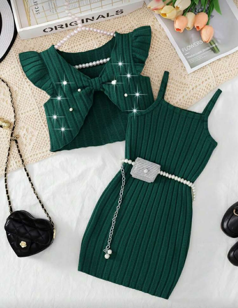 Elladie kids Young Girl  Elegant Knit Dress Set, Lace Sleeveless Crop Top + Suspender Mini Dress, 2 Pieces Spring Outfit