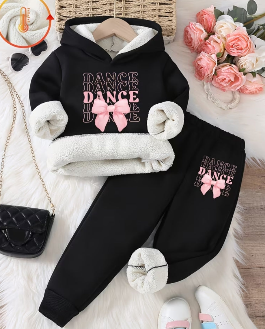 Set of 2pcs for Young Featuring a Stylish And Cute Casual Design, Including a Hoodie with Bow And Letter Print, And Fleece-Lined Jogger Pants,