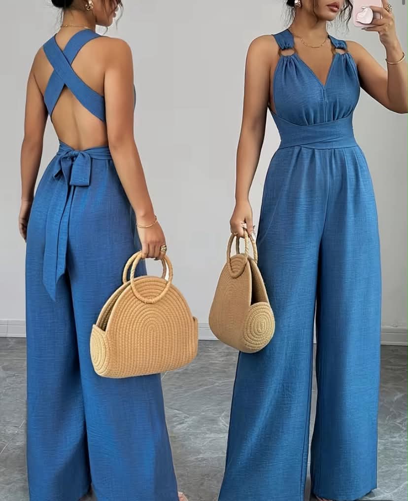 V-neck Women's Jumpsuit  Crisscross Waist Ties, Slit Back, Wide-leg Pants