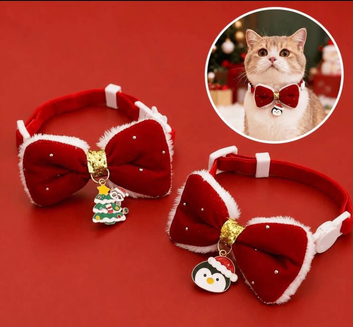 1 pc Christmas Pet Collar, Red Plush Bow Cartoon Pendant Neck Collar, Cat Collar, Cute