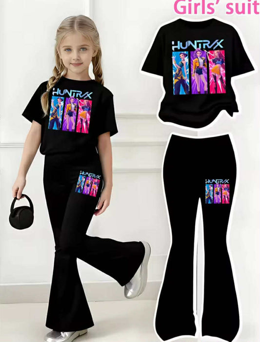 Girls' Casual Sports Short-Sleeve and Bell-Bottom Pants Set