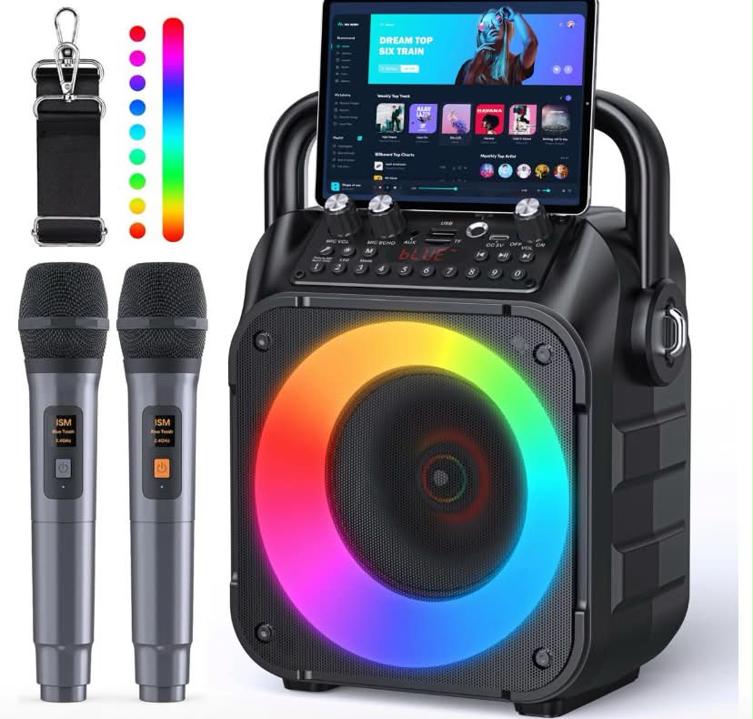 Karaoke Machine with Two Wireless Microphones, Portable Karaoke Machine for Adults & Kids, Portable Bluetooth Speaker with partybox PA System, LED Lights, Supports TF Card/USB, AUX in, FM