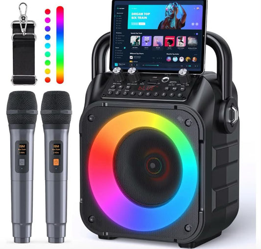 Karaoke Machine with Two Wireless Microphones, Portable Karaoke Machine for Adults & Kids, Portable Bluetooth Speaker with partybox PA System, LED Lights, Supports TF Card/USB, AUX in, FM