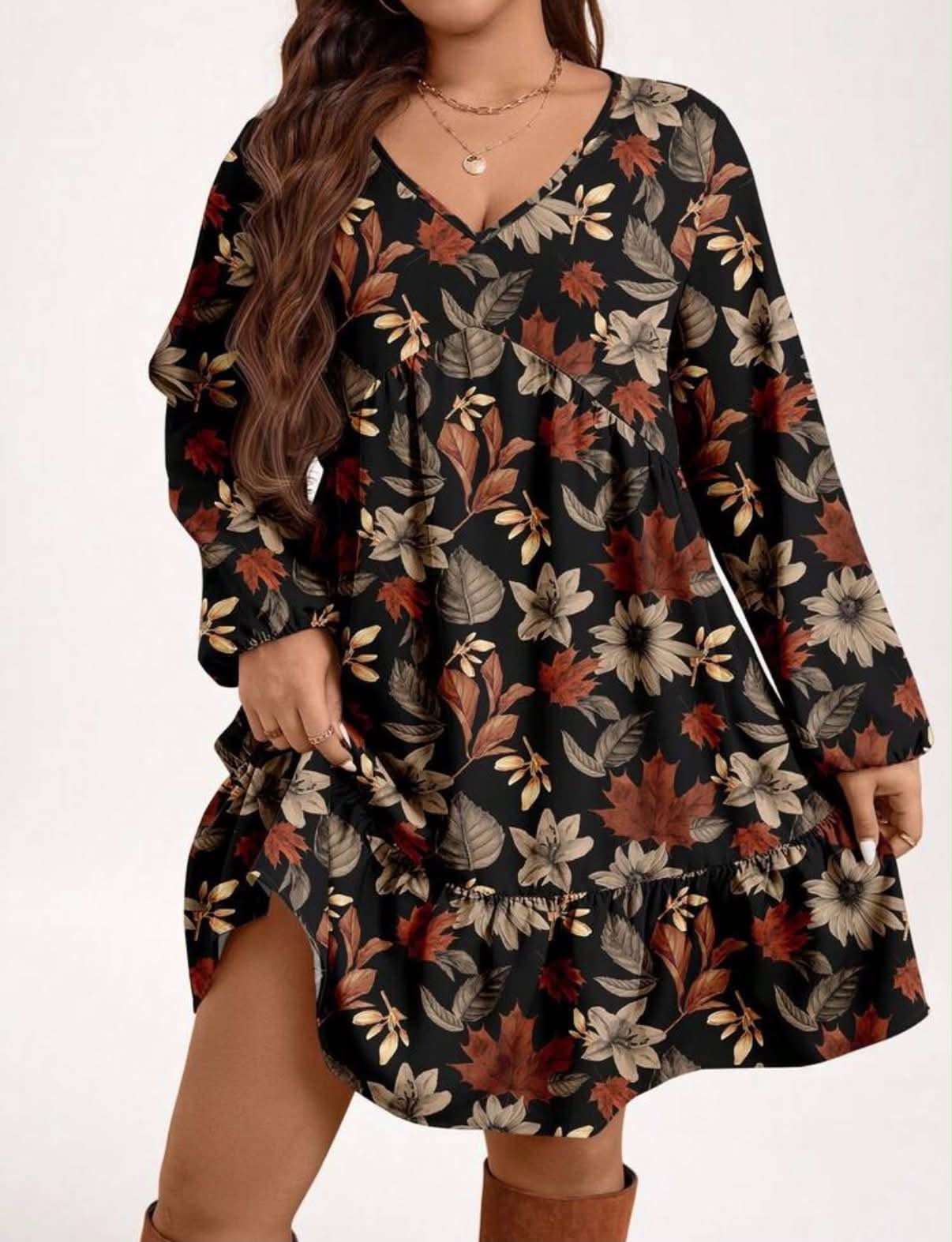Autumn Maple Leaf Pattern, Lantern Sleeves, Ruffled Hem, Cover-Up Dress,