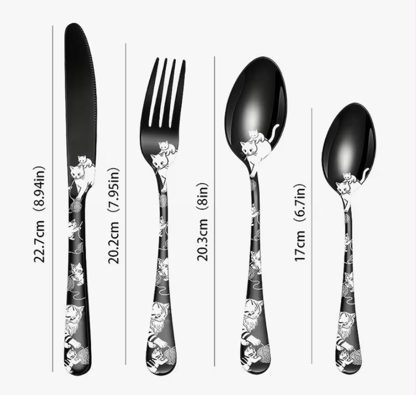 16/24pcs Cat Themed Stainless Steel Flatware Set, Laser Cat Pattern Handles, Mirror Polished, Dishwasher Safe,