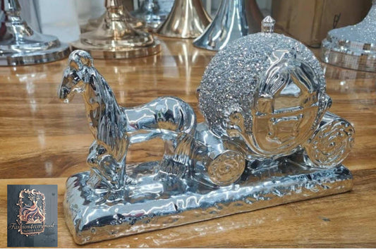 SILVER CRUSHED DIAMOND SPARKLY CARRIAGE COUPLE UNICORN ORNAMENT