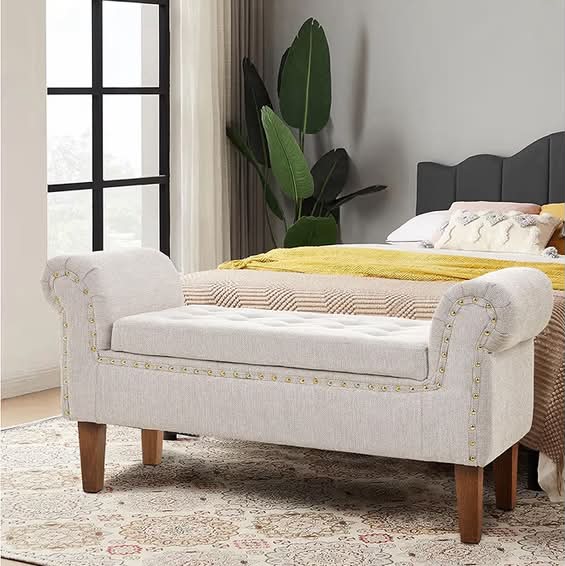 Linen Storage Bench with Armrests, Tufted Window Seat Bench, Grey Upholstered Storage Ottoman for Entryway, Living Room, Bedroom (Seating & Hidden Storage Space)
