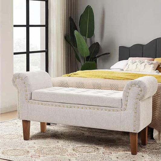 Linen Storage Bench with Armrests, Tufted Window Seat Bench, Grey Upholstered Storage Ottoman for Entryway, Living Room, Bedroom (Seating & Hidden Storage Space)