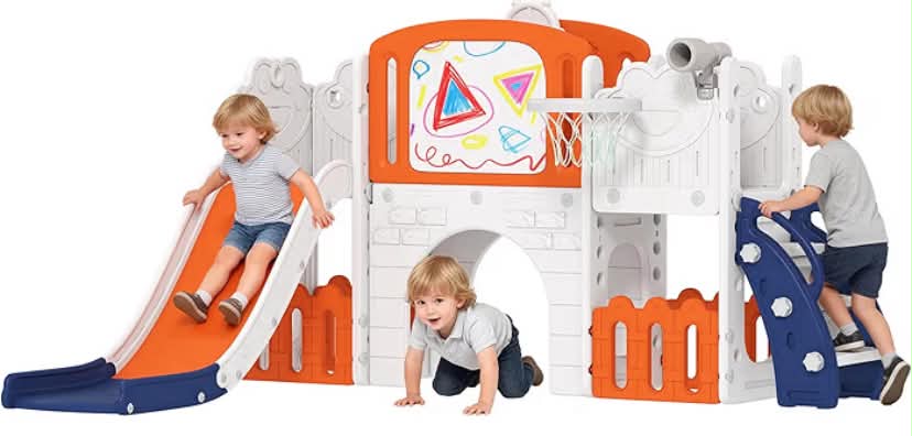 7 in 1 Toddler Slide Set with Basketball Hoop, Outdoor & Indoor Frog Theme Playset with Climbing Frame, Telescope, Drawing Board, Storage Box for Toddlers Ages 1-3,