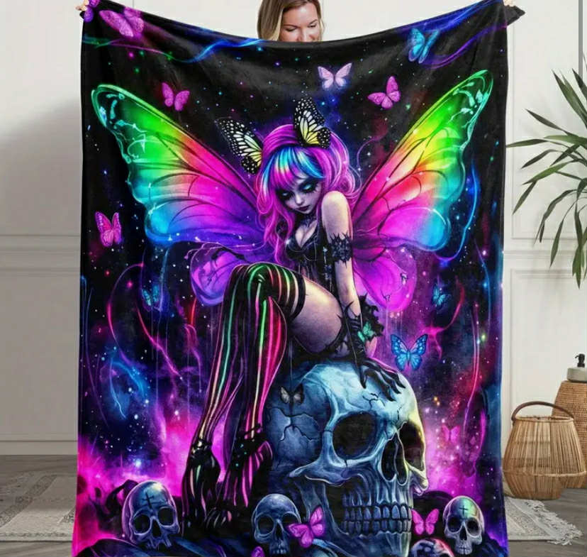 1 pc Fantasy Butterfly Queen Skull Print Throw Blanket