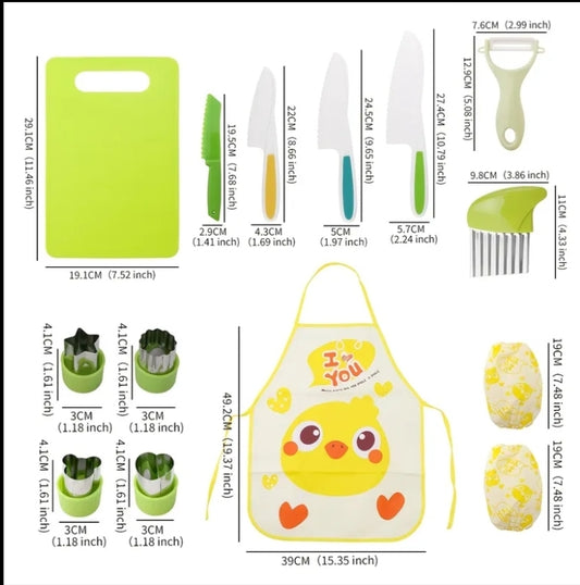 A 14pcs Multifunctional Baking Set, Kitchen Cooking Kit, Plastic Learning Chef Set, Designed for Baking And Crafts, Including Cutting Boards, Waterproof Aprons, Potato Cutters, Fruit Slicers, Plastic Knives, And Melon Peelers