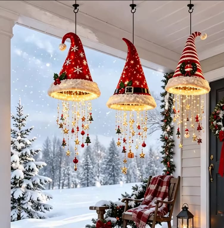 LED Santa Hat Hanging Light and Christmas Pendant Lamp with Tassel, Bell, Star Ornaments for Xmas
