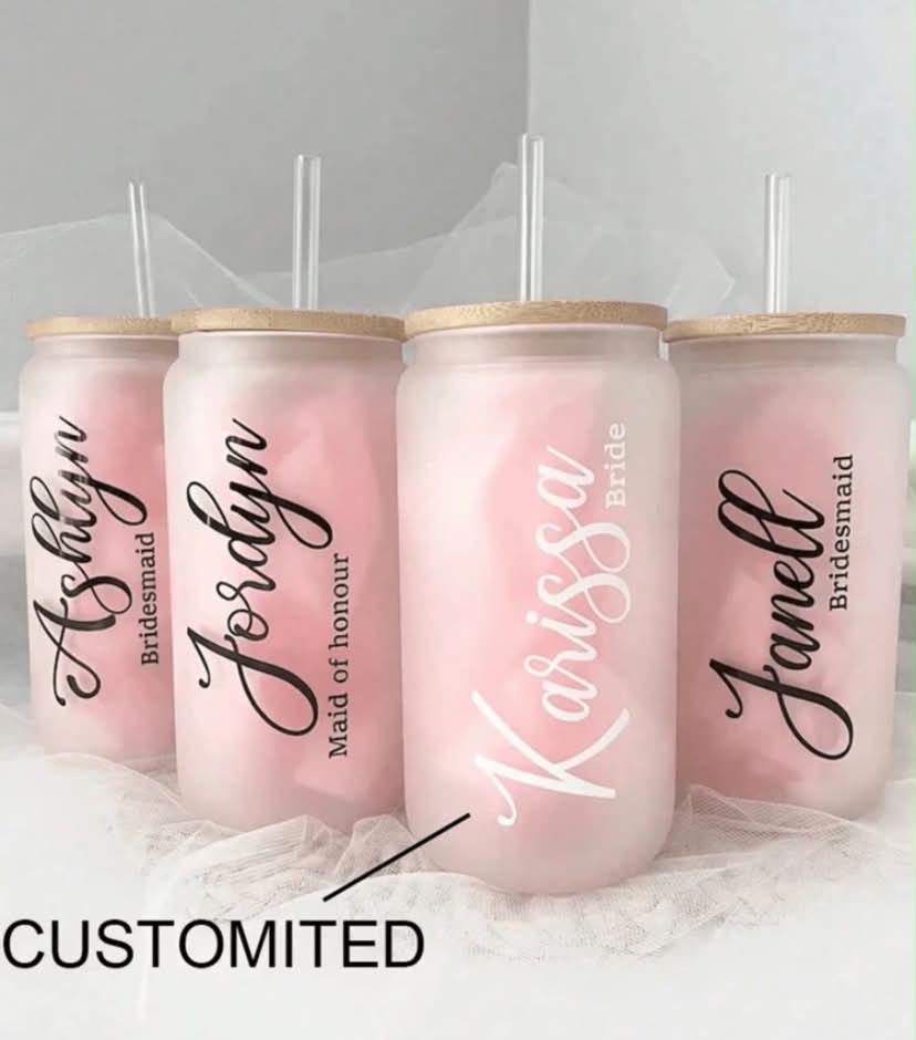 Personalized Glass Cup With Bamboo Lid And Straw - Frosted Or Clear Cup, Customized Cold Drink Cup.