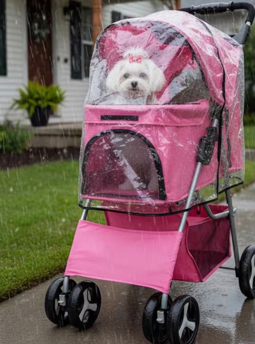 Foldable Pet Stroller With Rain Cover, Portable Foldable Outdoor Walking Cart with Large Space, Hand-Pull Design,