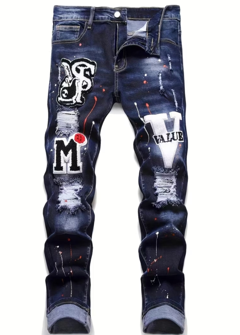 Men'S Stretch Skinny Ripped Denim Jeans - Mid-Rise Casual Pants with Letter Print,