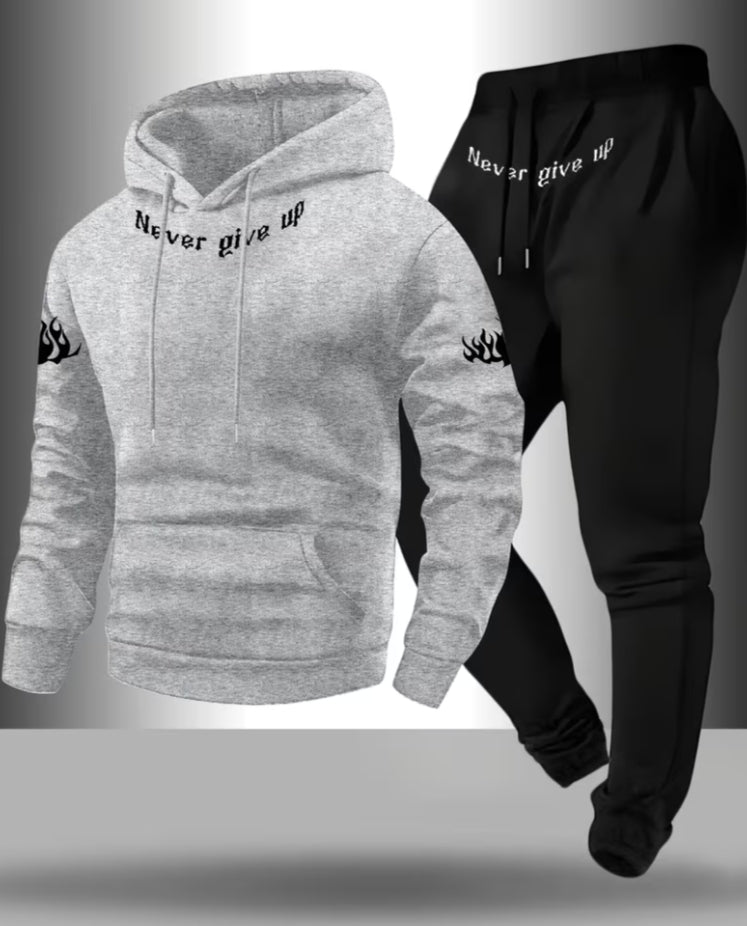 2 pcs Men'S Casual Letter Pattern Print Drawstring Pocket Hoodie And Athletic Drawstring Long Pants Matching Set