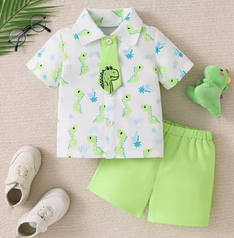 Boys' Dinosaur Vacation Style Set: All-over Print Dinosaur Short Sleeve Shirt + 3D Dinosaur Tie + Fluorescent Green Shorts for Baby Boys