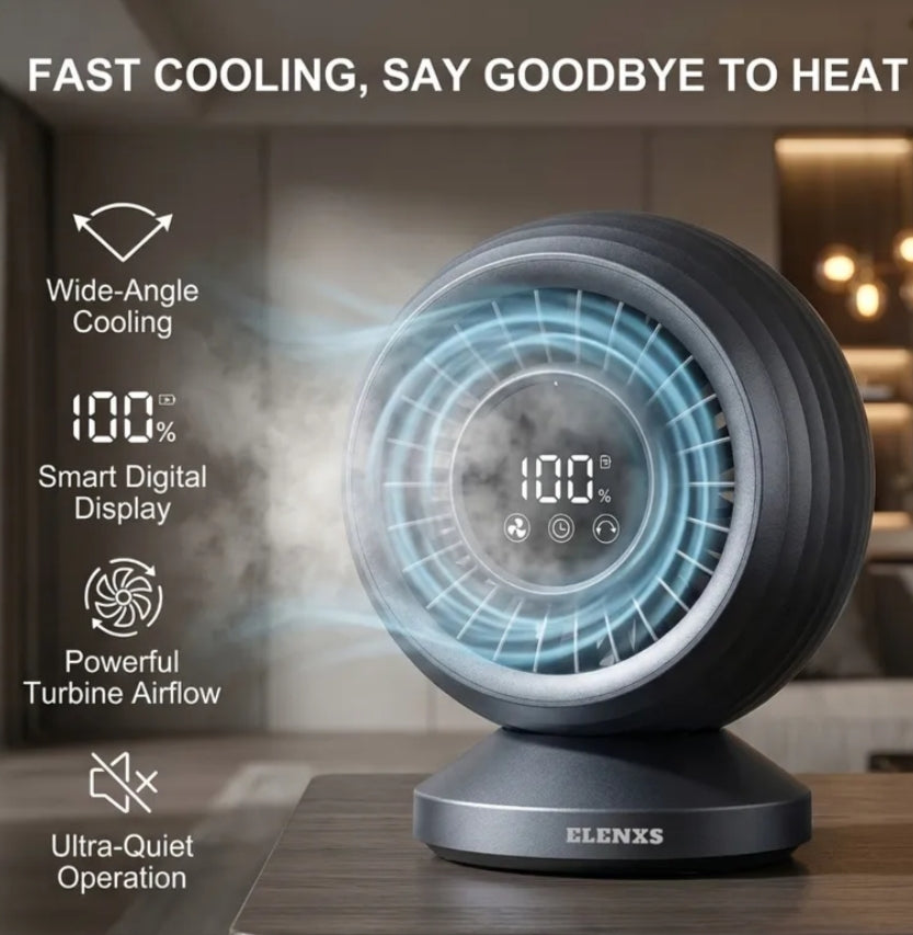 ELENXS Compact Air Circulator Desk Fan, Silent Low DB Electric Cooling Fans, Turbo Airflow Blades, High Definition Smart Digital Display, 100° Rotation, 8000Mah Extended Battery Life, 10-Hour Timer & 8 Speed Settings, Ideal for Bedrooms