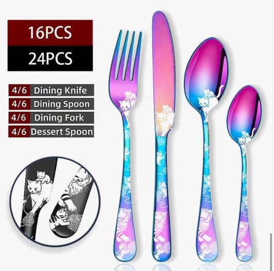 16/24pcs Cat Themed Stainless Steel Flatware Set, Laser Cat Pattern Handles, Mirror Polished, Dishwasher Safe,
