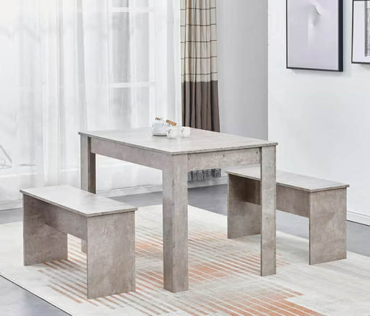 3 pcs Stylish Dining Table with 2 Benches Dining Set for Dining Room Kitchen Living Room Durable and Sturdy Wooden Easy to Assemble Commercial Restaurants Grey