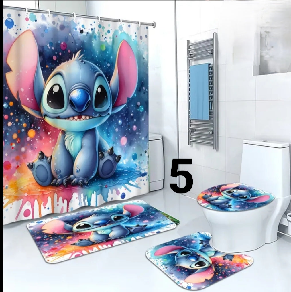 4 pcs Home Bathroom Shower Curtain And Mat Set Stitch Cute Moments -  Includes Shower Curtain, Toilet Lid Cover, Floor Mat And U-Shaped Mat  180.01X180.01Cm, with 12 Hooks