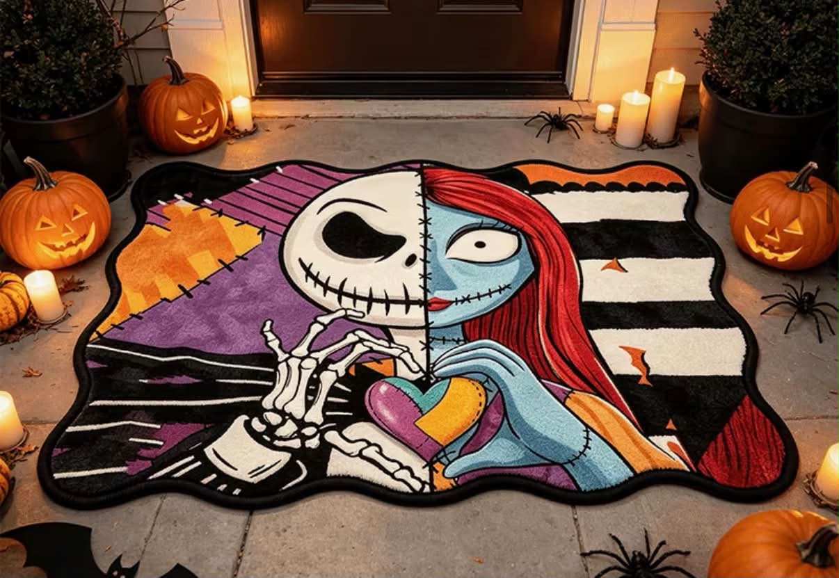 1pc Jack & Sally Rug Suitable for Suitable for Living Room, Bedroom, - Non-Slip Irregular Shaped with PVC Backing, Soft Machine Washable Mat, Patchwork Heart Design for Room