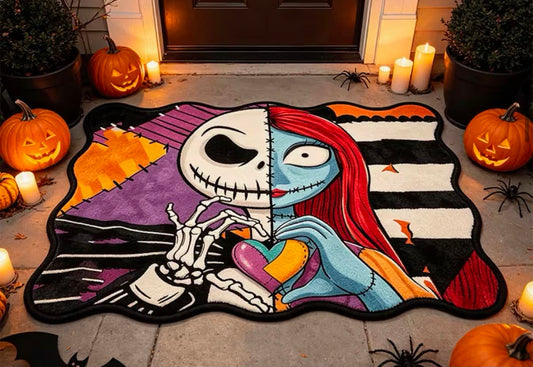1pc Jack & Sally Rug Suitable for Suitable for Living Room, Bedroom, - Non-Slip Irregular Shaped with PVC Backing, Soft Machine Washable Mat, Patchwork Heart Design for Room
