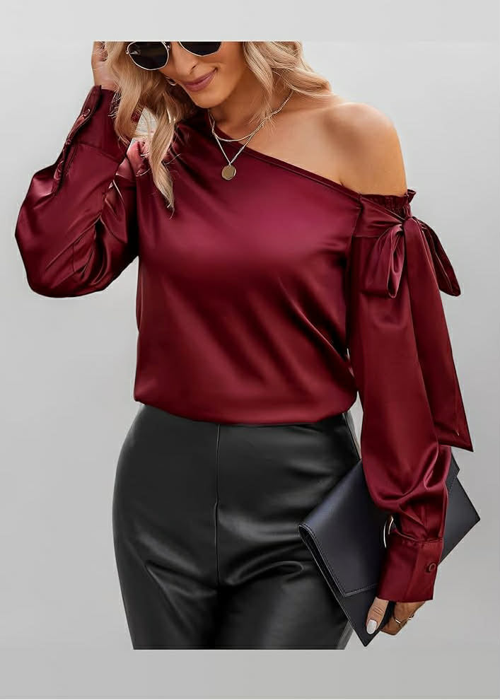 Women's Silk Satin Shirt Blouse Long Sleeve Off The Shoulder Tops Ladies Casual Going Out Tops