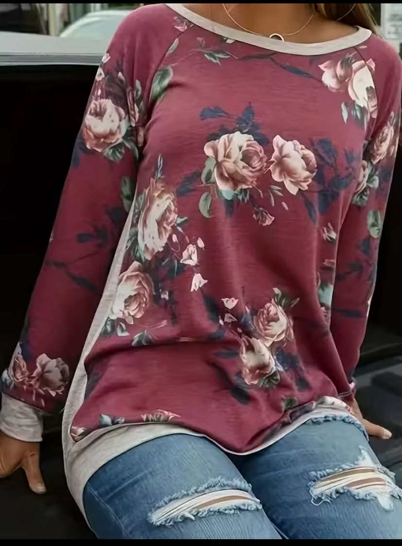 Women's Casual T-shirt Rose Print Long Sleeve Round Neck