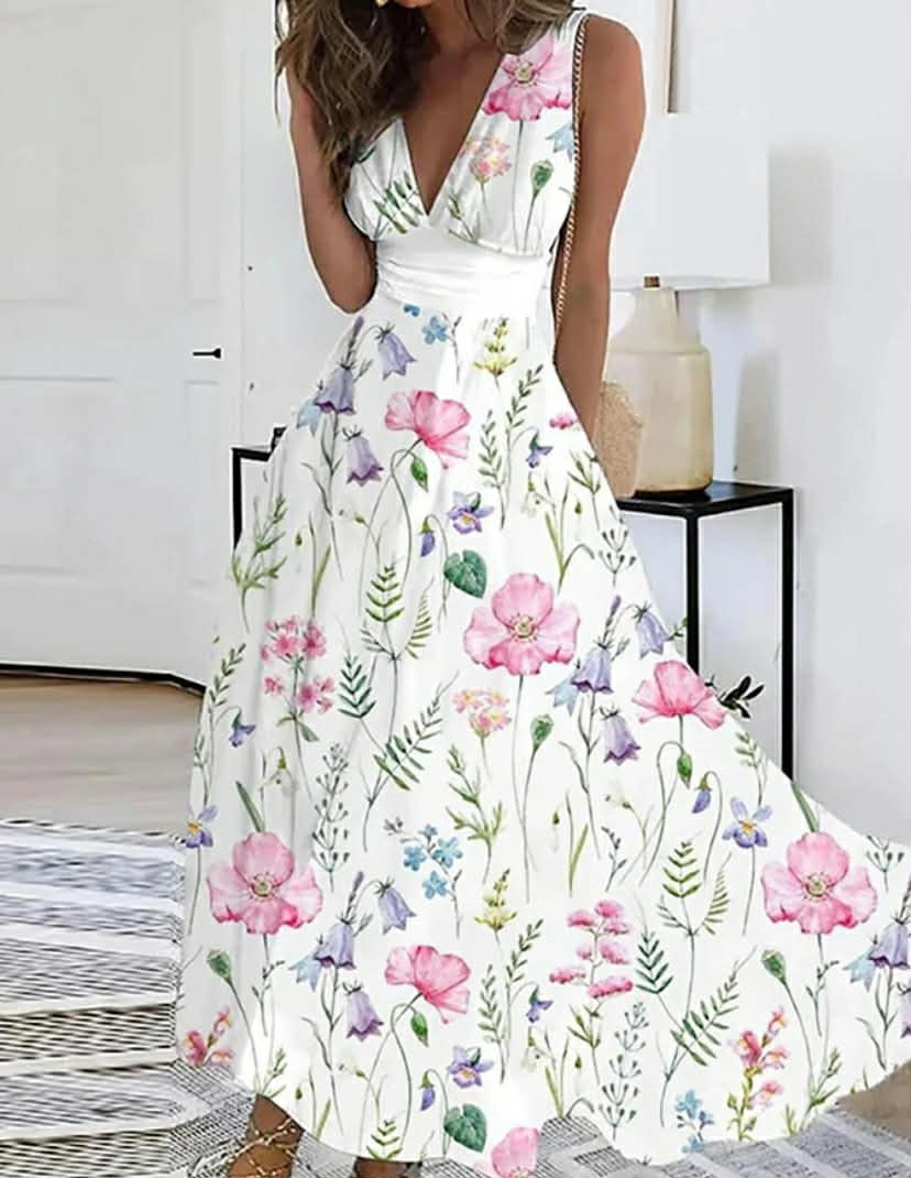 Summer V Neck Short Sleeve Holiday Beach Floral Loose Dress