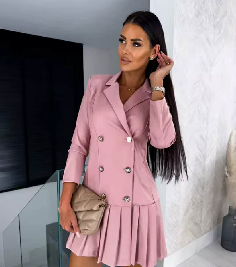 Women Fall Fashion Pleated Blazer Dress Double Breasted Long Sleeve Lapel Mini Suit Dress