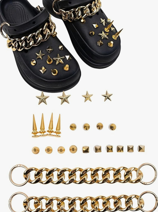 Gothic Shoe Charms, 24-Piece Metal Spikes and Chain Set Accessories, Punk Rock Biker Style Shoe Charms