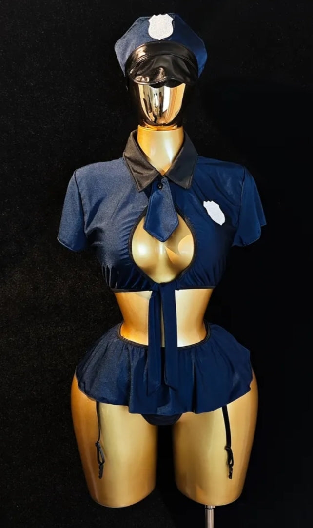 4 pcs Plus Size Women's Sexy Outfits, Uniform Dress-Up Set, Cutout Top with Fake Tie & Skirt & Thong, Open Hat Headpiece, Bold Party Wear,