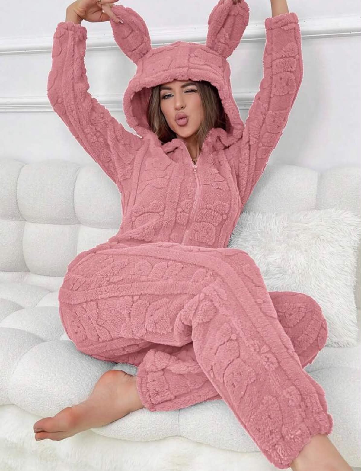 Women's Warm Fleece Zip-Up Jumpsuit Fluffy Cozy Pajamas For Winter