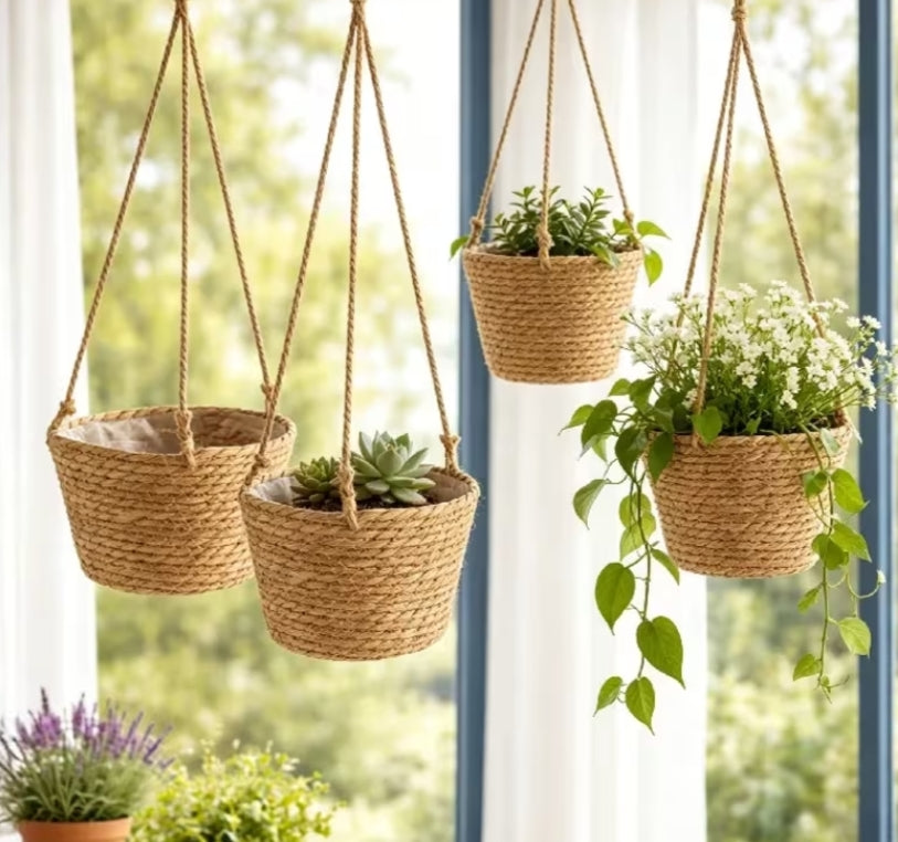 4 Pcs Hanging Basket – 19cm Indoor & Outdoor Plant Pots with Jute Rope, Foldable Seagrass Macrame Planters for Succulents, Home & Garden Décor 19x19x13