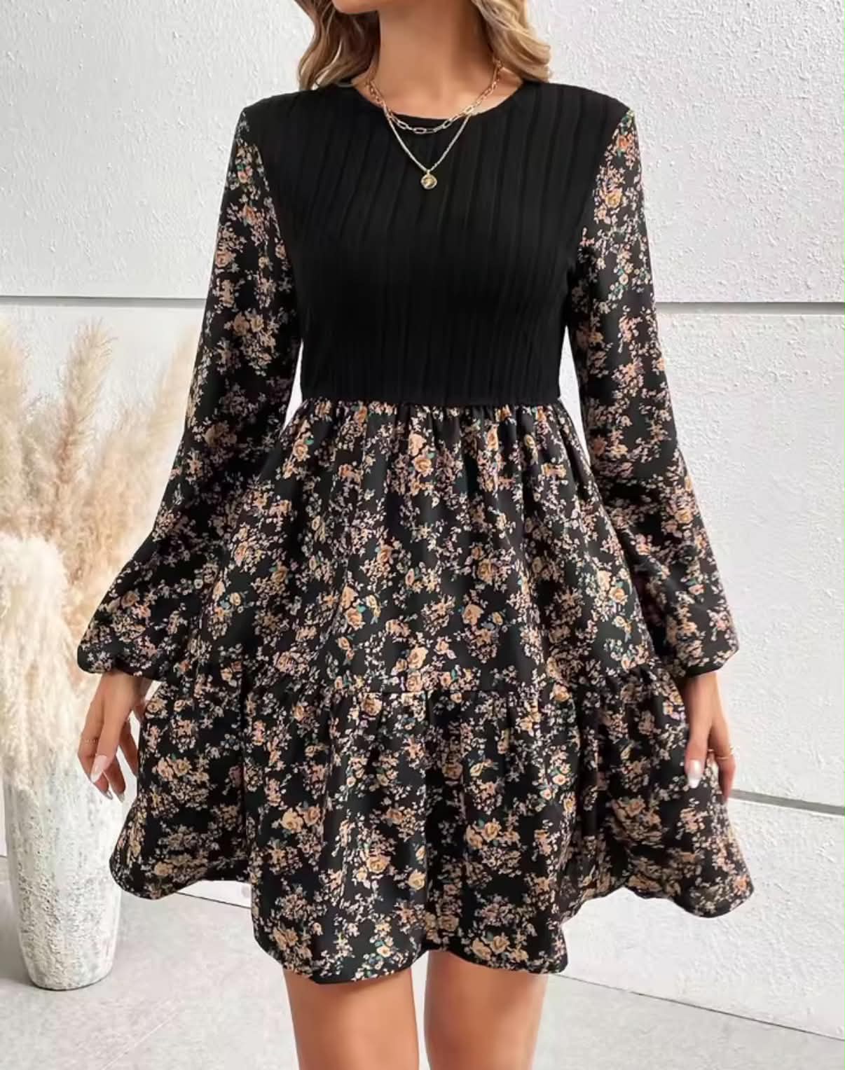 Women's Ditsy Floral Print Patchwork Ribbed A Line Dress