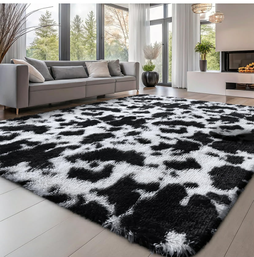 smiry Rugs Living Room 60x100cm, Area Rugs for Bedroom, Machine Washable Anti Slip Soft Fluffy Shaggy Tie-dye Floor Carpet for Kids Girls and Boys, Nursery Room, Milk Cow