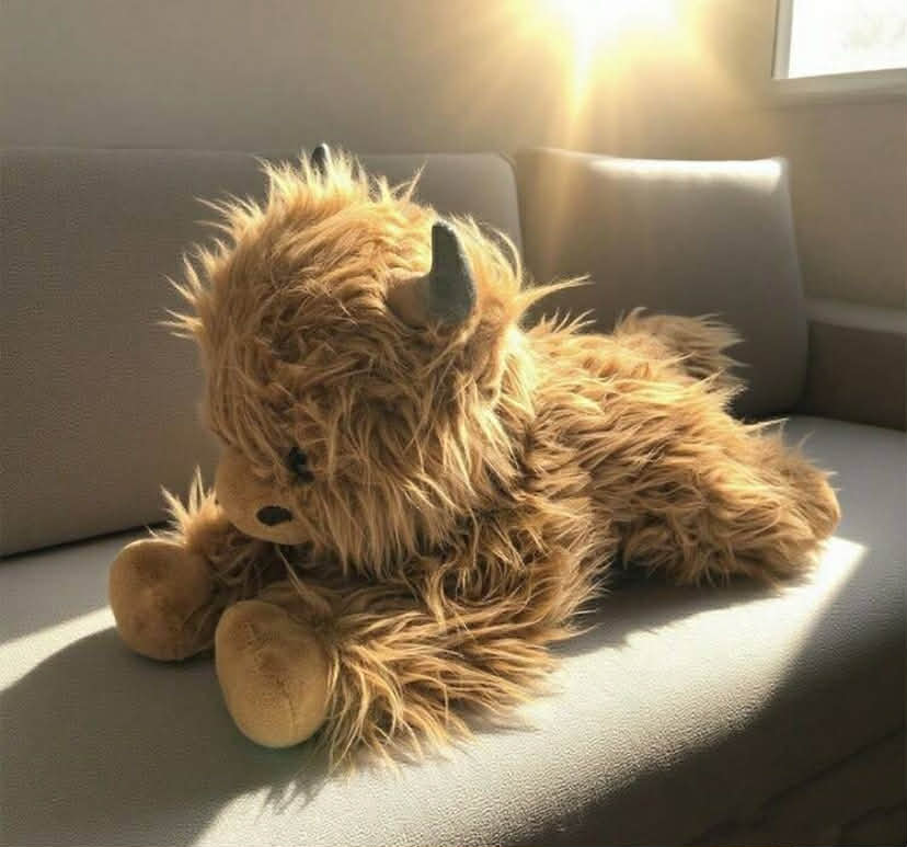 Large Plush Scottish Highland Cow Doll - Realistic Fluffy Calf Design, Soft Stuffed, Comfortable Bedtime Companion